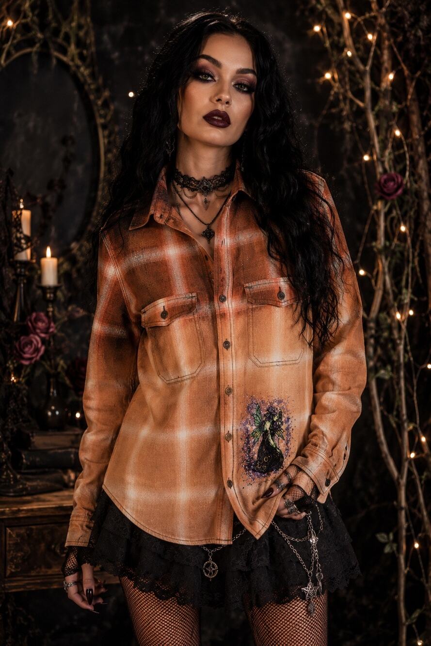 OOAK Bleached Fairy Flannel Shirt Small Boho Goth Cottagecore Cotton Viscose